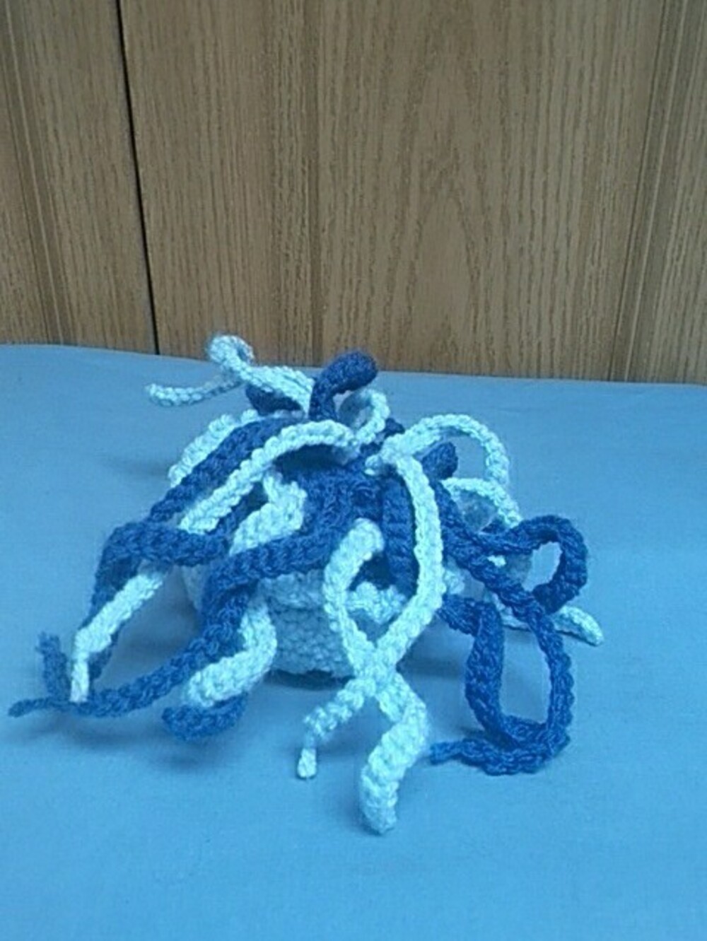 Handmade Crocheted Jellyfish in Light Blue and Navy - Picture 3 of 5
